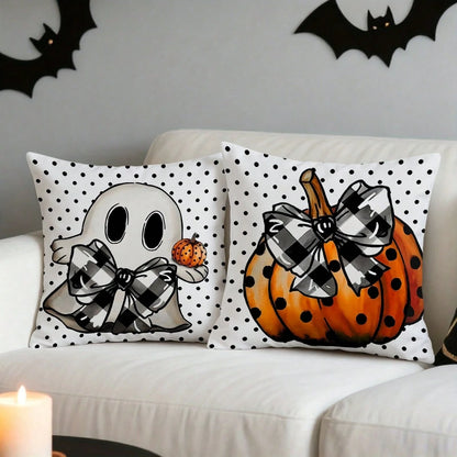 2pcs White Background Polka Dot Ghost Pumpkin Print Halloween Decorative Pillow Covers, American Country Style Bedroom Decor| Living Room Decor| Room Decor, Polyester Square Single-Sided Print Cushi