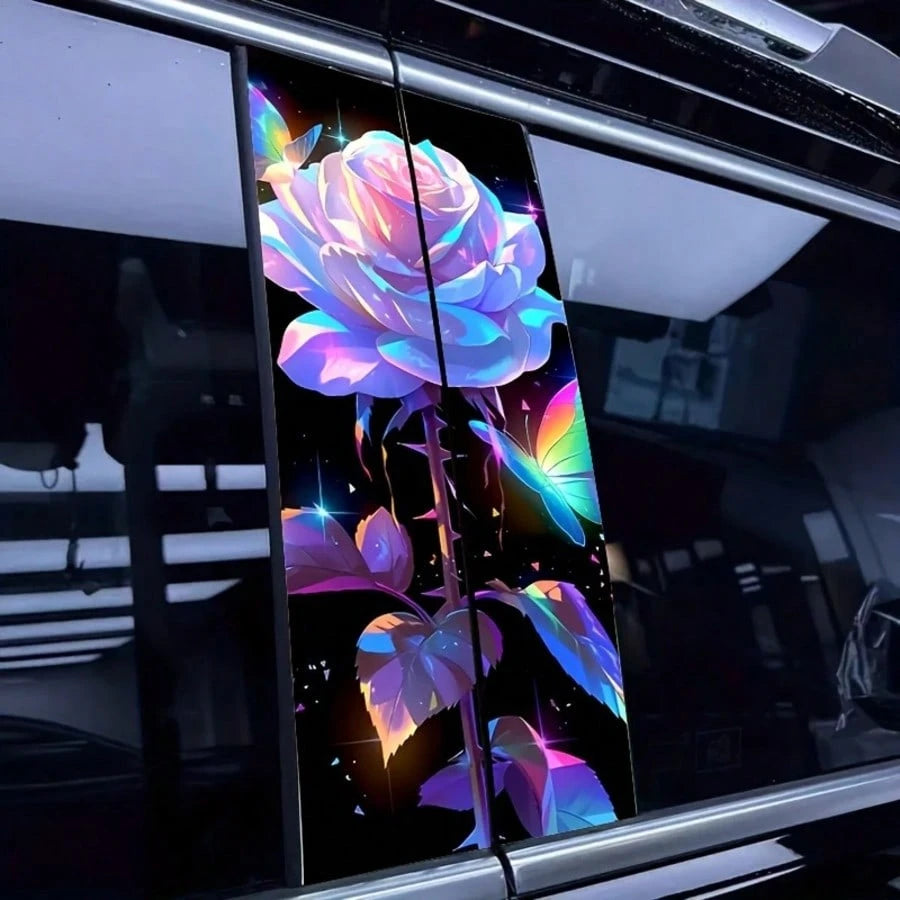 2pcs White Rose & Butterfly Vinyl Car Decals, Waterproof Scratch-Resistant B-Pillar Protector Stickers For Vehicle Windows, Self-Adhesive PVC Film, Car Decals, B-Column Cover