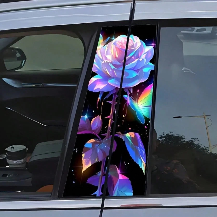 2pcs White Rose & Butterfly Vinyl Car Decals, Waterproof Scratch-Resistant B-Pillar Protector Stickers For Vehicle Windows, Self-Adhesive PVC Film, Car Decals, B-Column Cover
