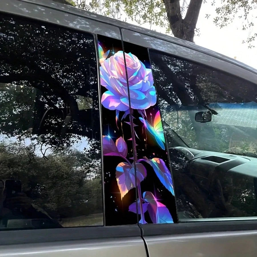 2pcs White Rose & Butterfly Vinyl Car Decals, Waterproof Scratch-Resistant B-Pillar Protector Stickers For Vehicle Windows, Self-Adhesive PVC Film, Car Decals, B-Column Cover