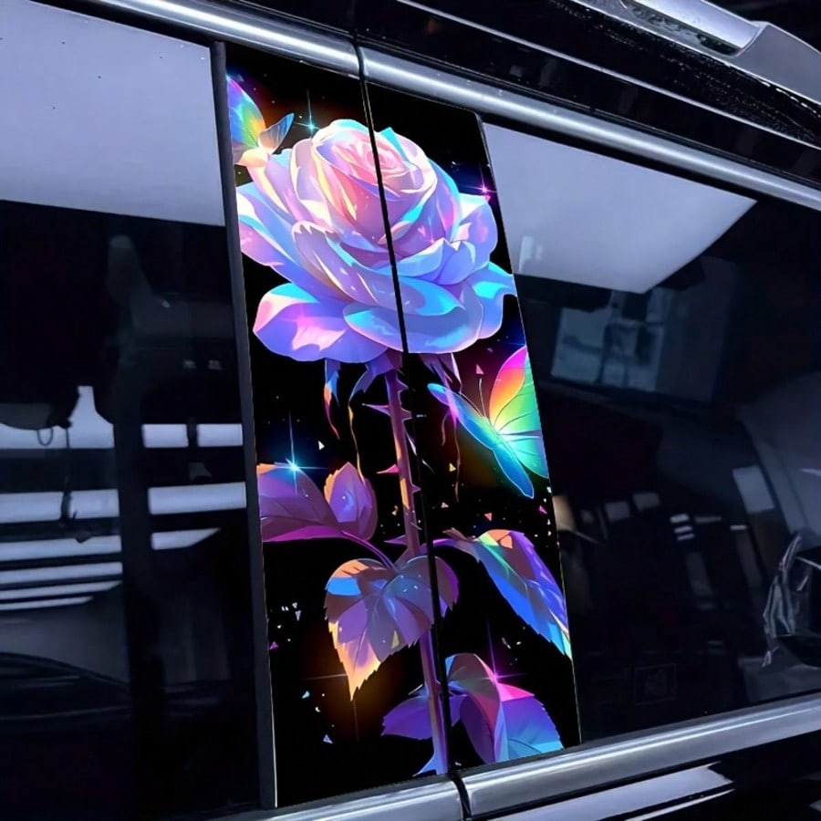 2pcs White Rose & Butterfly Vinyl Car Decals, Waterproof Scratch-Resistant B-Pillar Protector Stickers For Vehicle Windows, Self-Adhesive PVC Film, Car Decals, B-Column Cover