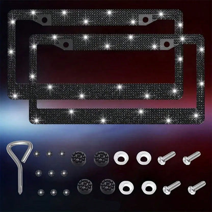 2pcsWaterproof Bling License Plate Cover, Acrylic Crystal Diamonds With Rust-Proof Metal Frame, Lasting Shine, Easy Install, Sparkling Diamond Border, Fits All US Standard Plates