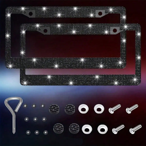 2pcsWaterproof Bling License Plate Cover, Acrylic Crystal Diamonds With Rust-Proof Metal Frame, Lasting Shine, Easy Install, Sparkling Diamond Border, Fits All US Standard Plates
