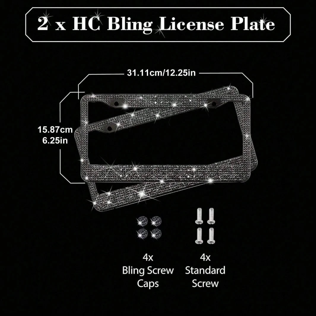 2pcsWaterproof Bling License Plate Cover, Acrylic Crystal Diamonds With Rust-Proof Metal Frame, Lasting Shine, Easy Install, Sparkling Diamond Border, Fits All US Standard Plates