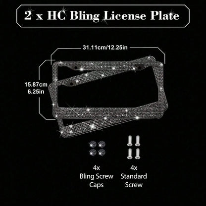 2pcsWaterproof Bling License Plate Cover, Acrylic Crystal Diamonds With Rust-Proof Metal Frame, Lasting Shine, Easy Install, Sparkling Diamond Border, Fits All US Standard Plates