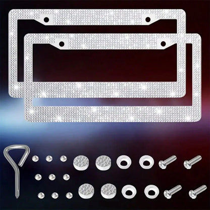 2pcsWaterproof Bling License Plate Cover, Acrylic Crystal Diamonds With Rust-Proof Metal Frame, Lasting Shine, Easy Install, Sparkling Diamond Border, Fits All US Standard Plates