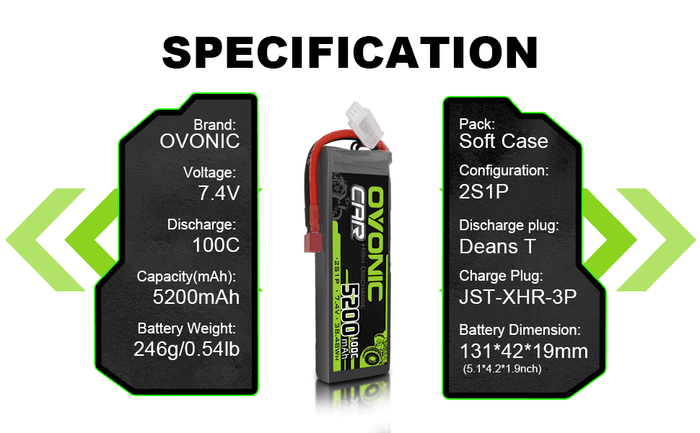 2x Ovonic 100C 2S1P 5200mAh 7.4V LiPo Battery for RC Car - Deans Plug