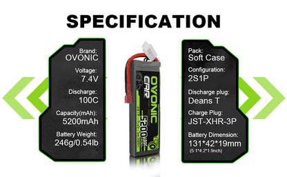 2x Ovonic 100C 2S1P 5200mAh 7.4V LiPo Battery for RC Car - Deans Plug