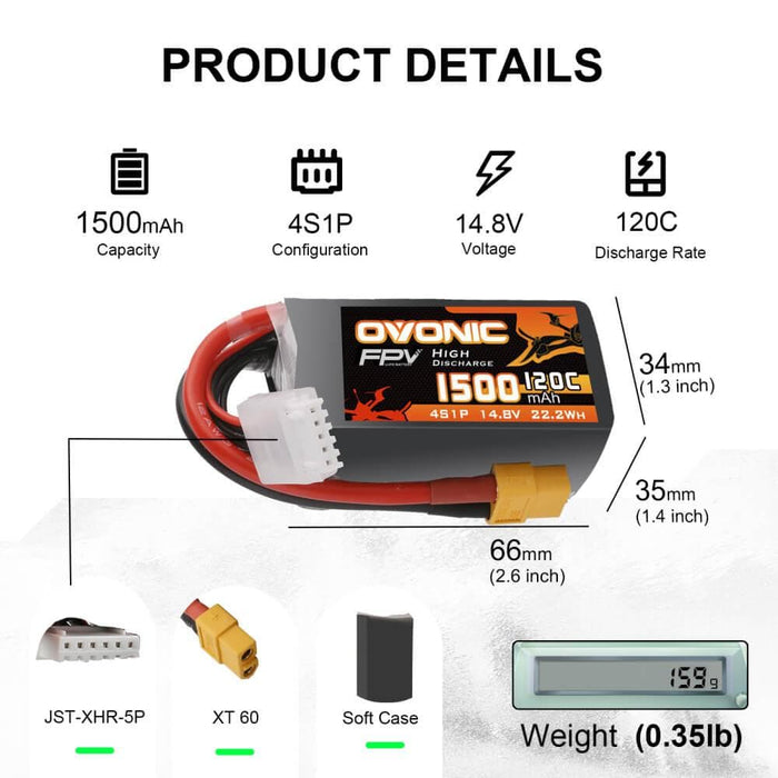 2x Ovonic 120C 4S1P 1500mAh 14.8V LiPo Battery for FPV - XT60 Plug - Ampow
