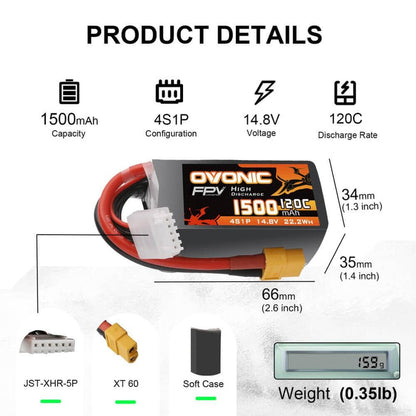 2x Ovonic 120C 4S1P 1500mAh 14.8V LiPo Battery for FPV - XT60 Plug - Ampow