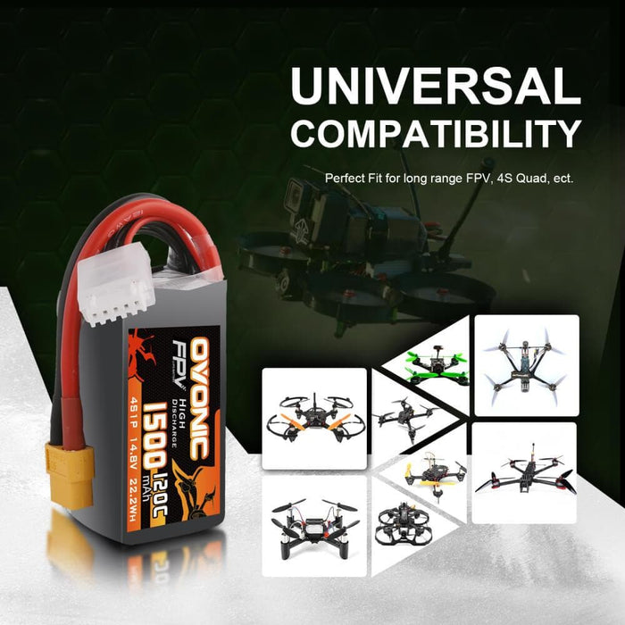 2x Ovonic 120C 4S1P 1500mAh 14.8V LiPo Battery for FPV - XT60 Plug - Ampow