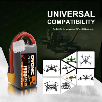 2x Ovonic 120C 4S1P 1500mAh 14.8V LiPo Battery for FPV - XT60 Plug - Ampow