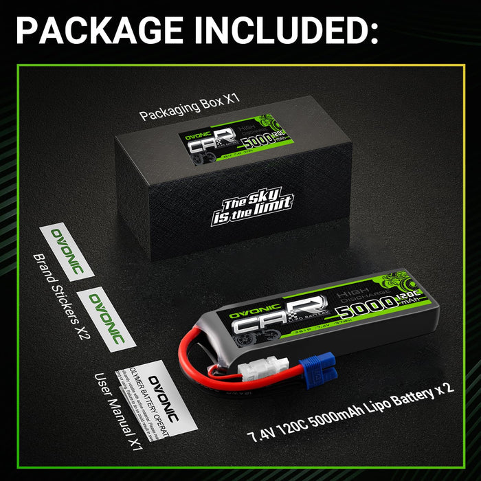 2xOVONIC 2S Lipo Battery 5000mAh 2S1P 120C 7.4V RC Car With EC3 Connector for RC Vehicles RC Car Truck Truggy 1/10 Scale Racing Models