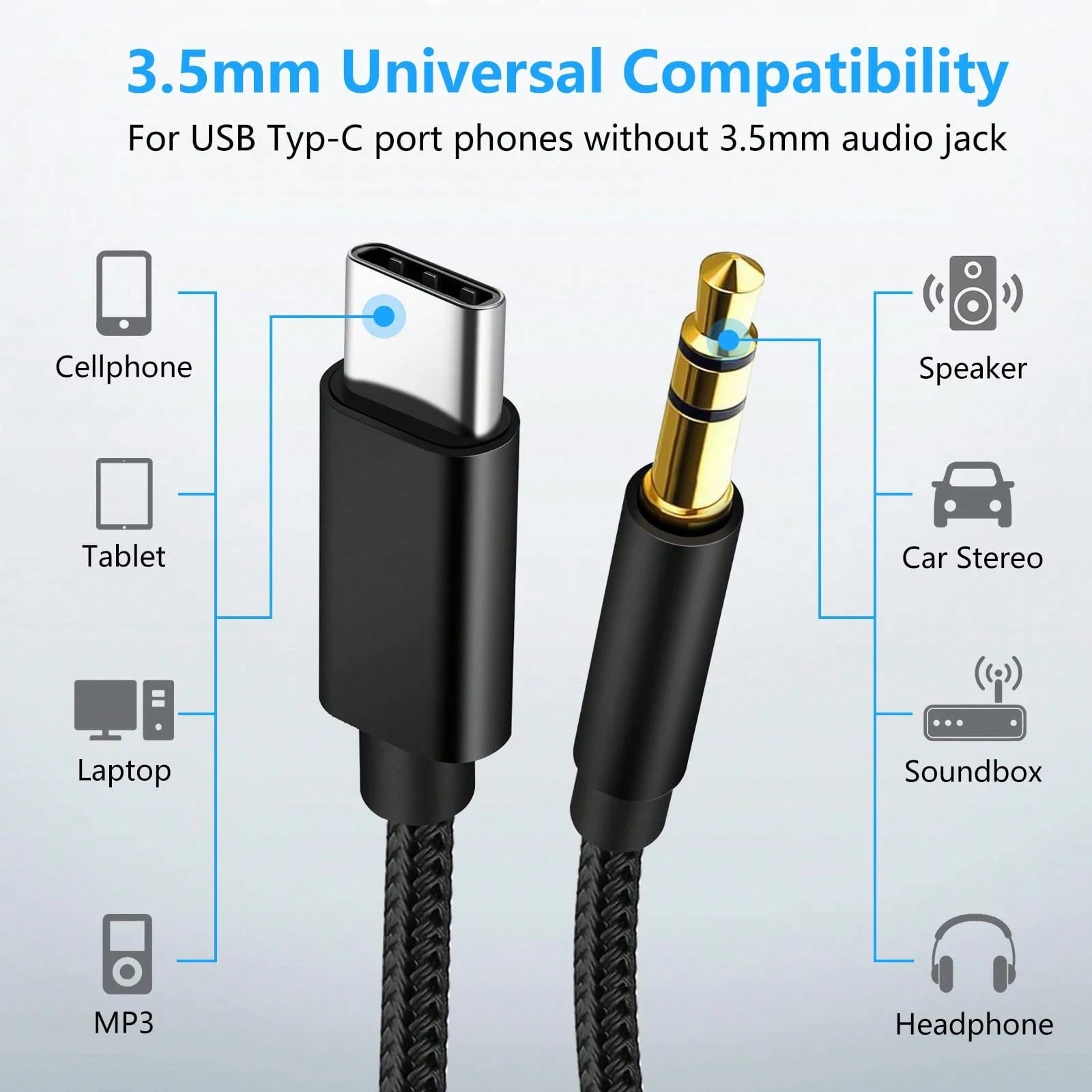 3.3ft/100cm AUX Audio Cable, USB-C To 3.5mm Nylon Braided Aux Cord Compatible With IPhone 16/15 Pro Max Plus