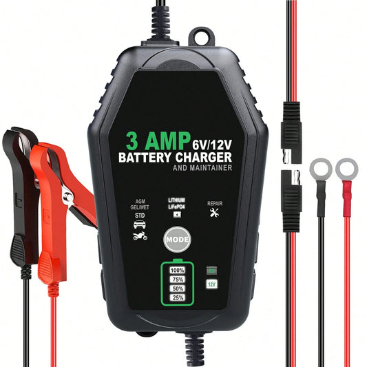 3 AMP Battery Charger, 6V/12V Smart Car Battery Charger, Trickle Charger, Fully Automatic And Maintainer For Car, Motorcycle, Lawn Mower, Lead-Acid, Lithium, LiFePo4 Batteries