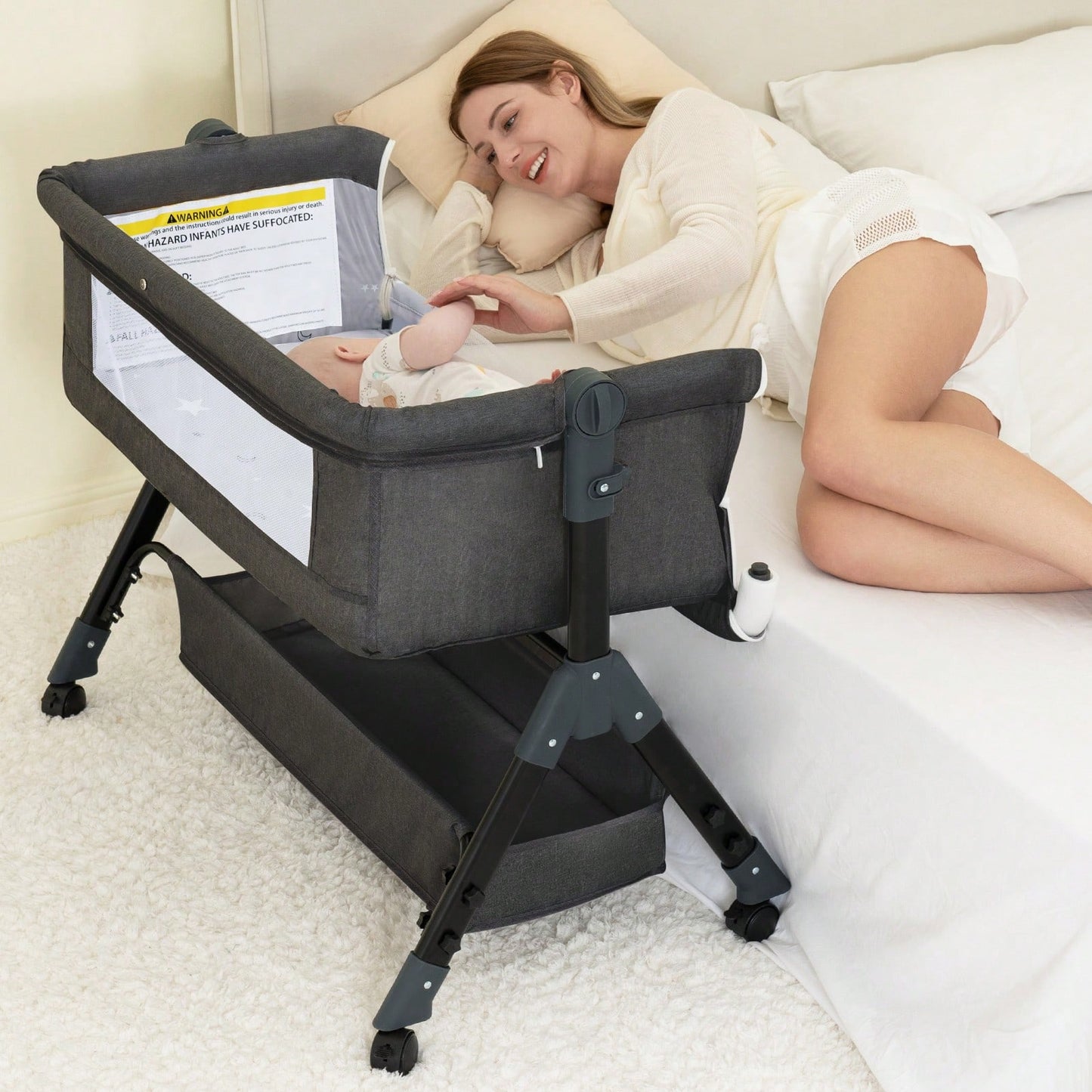 3-In-1 Baby Crib,Bedside Bassinet, Baby Bed With Storage Basket,Easy To Fold,6 Adjustable Height Portable Crib For Infant/Newborn,Baby Need,Baby Stuff
