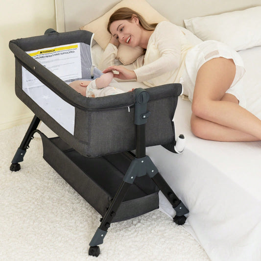 3-In-1 Baby Crib,Bedside Bassinet, Baby Bed With Storage Basket,Easy To Fold,6 Adjustable Height Portable Crib For Infant/Newborn,Baby Need,Baby Stuff