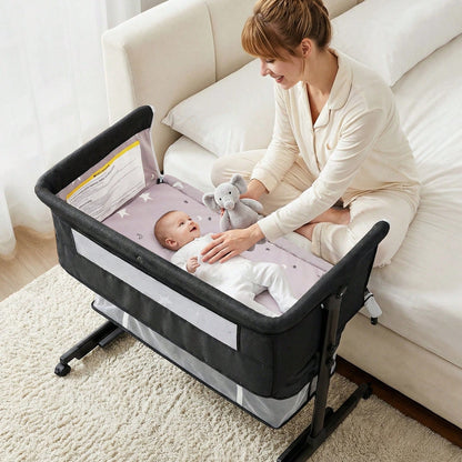 3-In-1 Baby Crib,Bedside Bassinet, Baby Bed With Storage Basket,Easy To Fold,6 Adjustable Height Portable Crib For Infant/Newborn,Baby Need,Baby Stuff