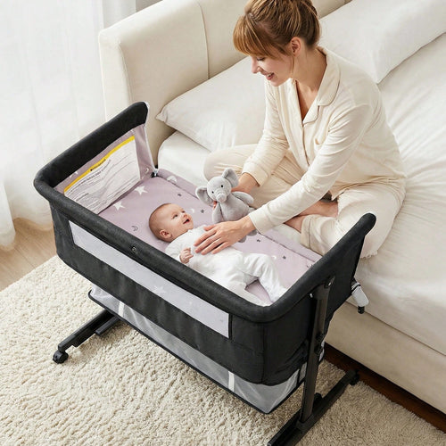 3-In-1 Baby Crib,Bedside Bassinet, Baby Bed With Storage Basket,Easy To Fold,6 Adjustable Height Portable Crib For Infant/Newborn,Baby Need,Baby Stuff