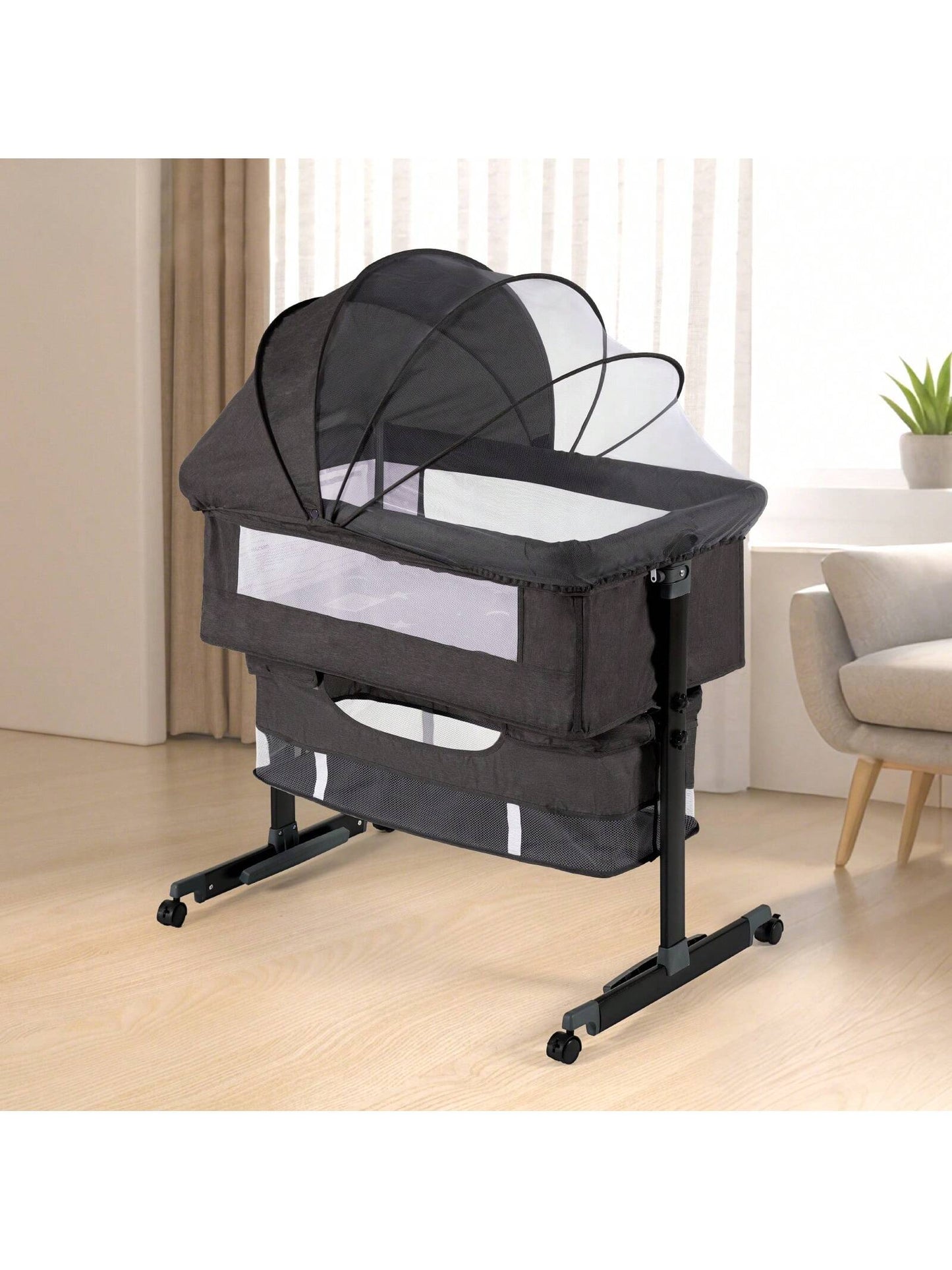 3-In-1 Baby Crib,Bedside Bassinet, Baby Bed With Storage Basket,Easy To Fold,6 Adjustable Height Portable Crib For Infant/Newborn,Baby Need,Baby Stuff