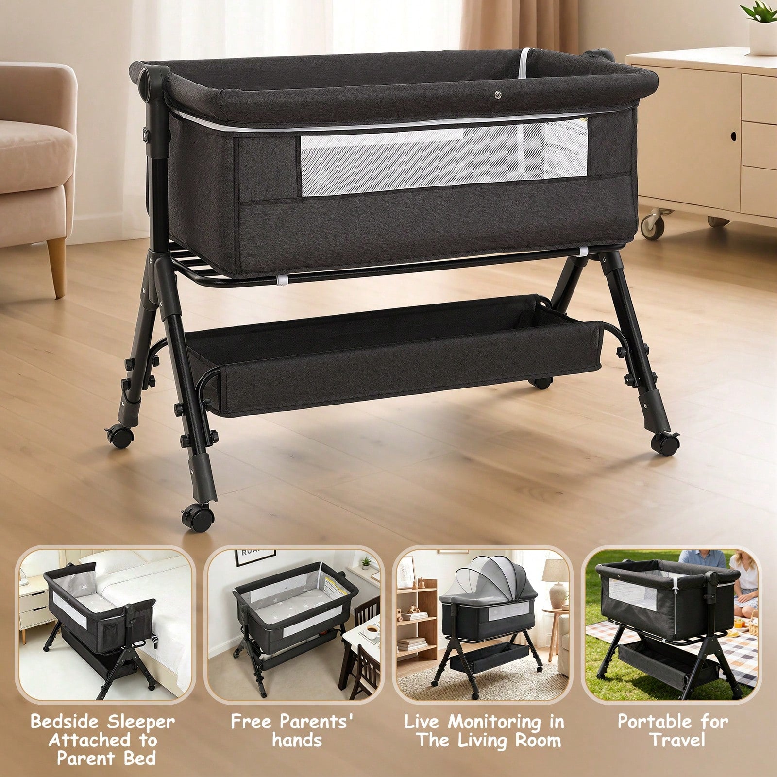 3-In-1 Baby Crib,Bedside Bassinet, Baby Bed With Storage Basket,Easy To Fold,6 Adjustable Height Portable Crib For Infant/Newborn,Baby Need,Baby Stuff