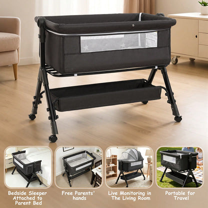 3-In-1 Baby Crib,Bedside Bassinet, Baby Bed With Storage Basket,Easy To Fold,6 Adjustable Height Portable Crib For Infant/Newborn,Baby Need,Baby Stuff