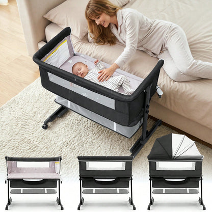 3-In-1 Baby Crib,Bedside Bassinet, Baby Bed With Storage Basket,Easy To Fold,6 Adjustable Height Portable Crib For Infant/Newborn,Baby Need,Baby Stuff