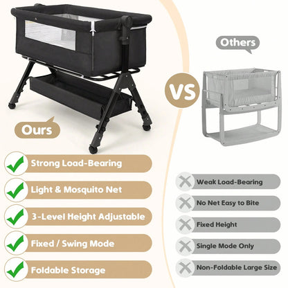 3-In-1 Baby Crib,Bedside Bassinet, Baby Bed With Storage Basket,Easy To Fold,6 Adjustable Height Portable Crib For Infant/Newborn,Baby Need,Baby Stuff