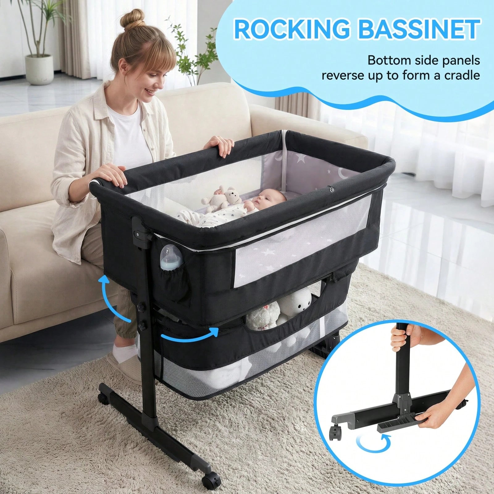 3-In-1 Baby Crib,Bedside Bassinet, Baby Bed With Storage Basket,Easy To Fold,6 Adjustable Height Portable Crib For Infant/Newborn,Baby Need,Baby Stuff