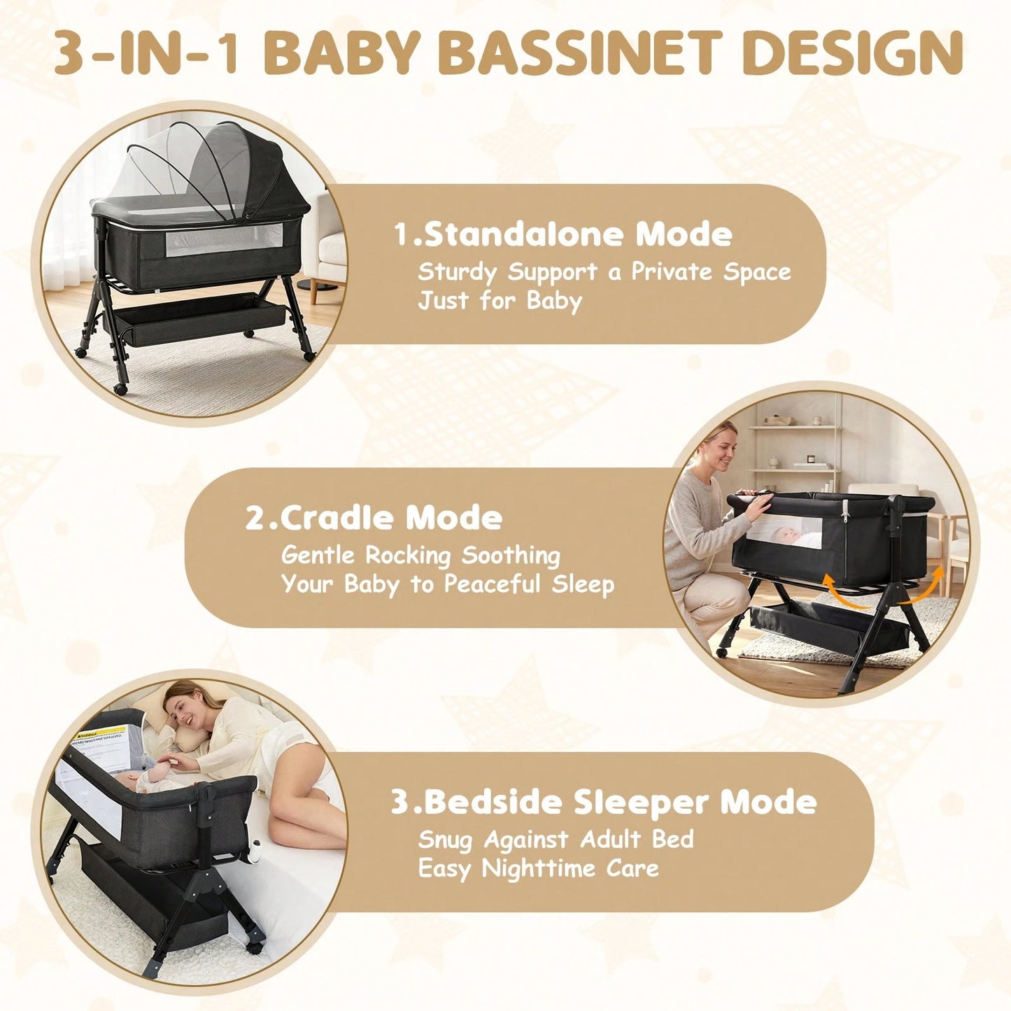 3-In-1 Baby Crib,Bedside Bassinet, Baby Bed With Storage Basket,Easy To Fold,6 Adjustable Height Portable Crib For Infant/Newborn,Baby Need,Baby Stuff