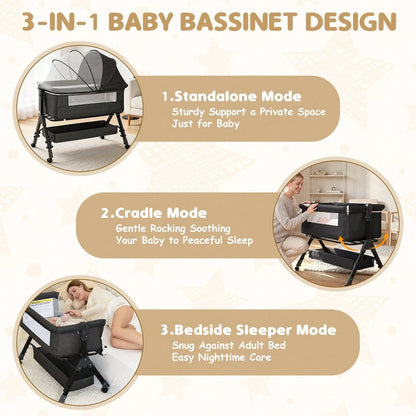 3-In-1 Baby Crib,Bedside Bassinet, Baby Bed With Storage Basket,Easy To Fold,6 Adjustable Height Portable Crib For Infant/Newborn,Baby Need,Baby Stuff