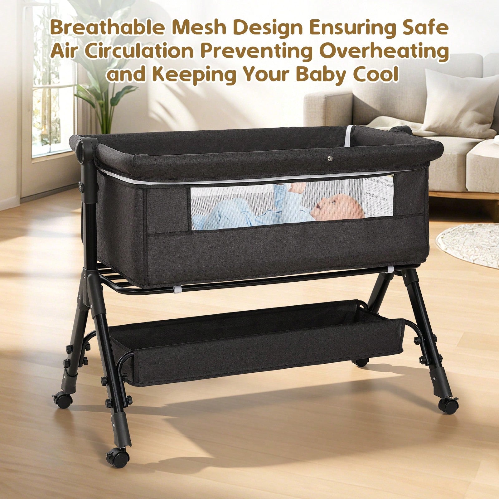 3-In-1 Baby Crib,Bedside Bassinet, Baby Bed With Storage Basket,Easy To Fold,6 Adjustable Height Portable Crib For Infant/Newborn,Baby Need,Baby Stuff