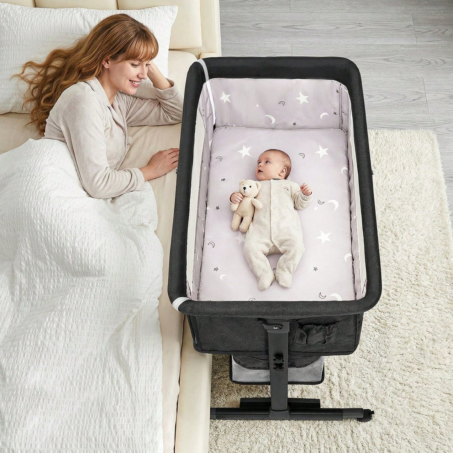 3-In-1 Baby Crib,Bedside Bassinet, Baby Bed With Storage Basket,Easy To Fold,6 Adjustable Height Portable Crib For Infant/Newborn,Baby Need,Baby Stuff