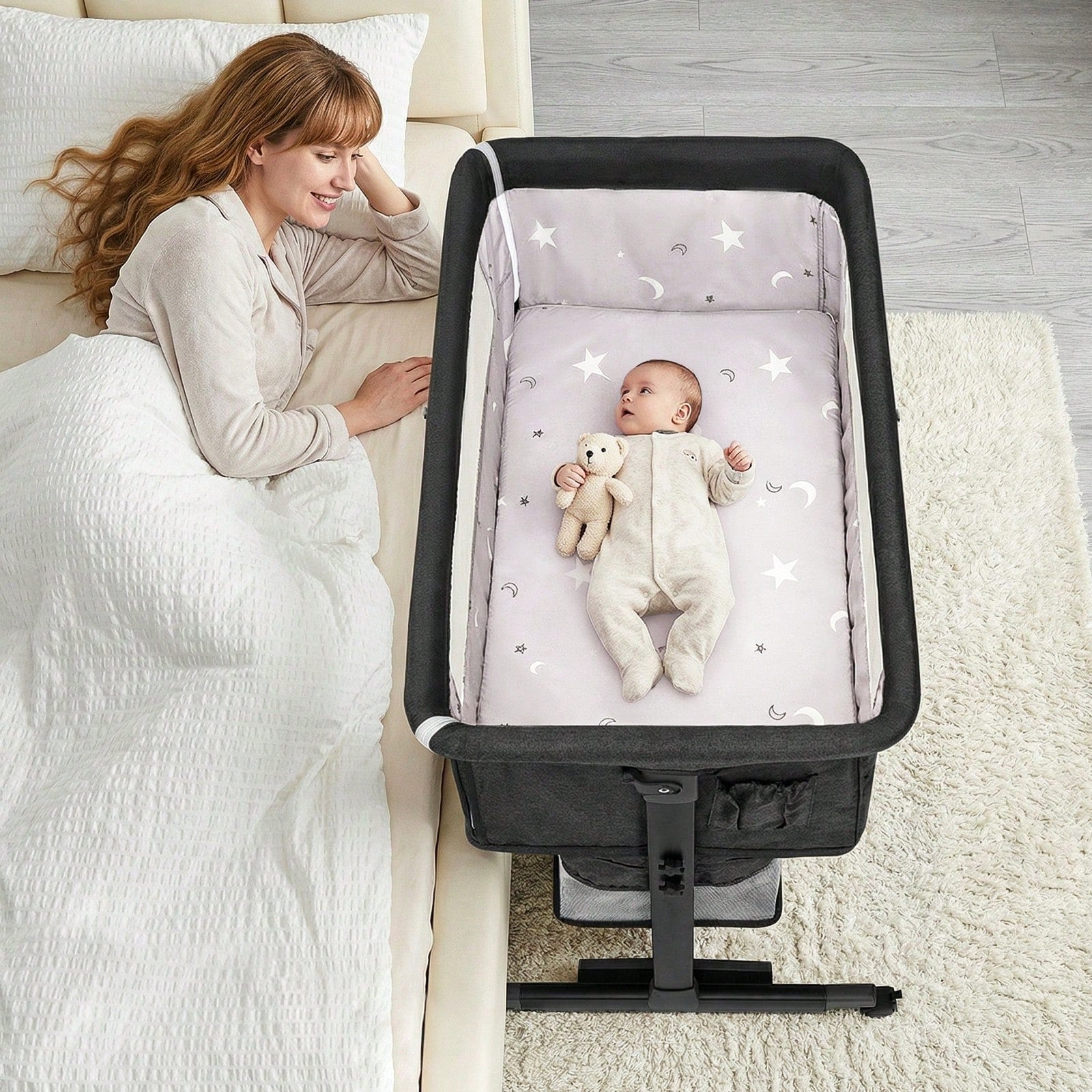 3-In-1 Baby Crib,Bedside Bassinet, Baby Bed With Storage Basket,Easy To Fold,6 Adjustable Height Portable Crib For Infant/Newborn,Baby Need,Baby Stuff