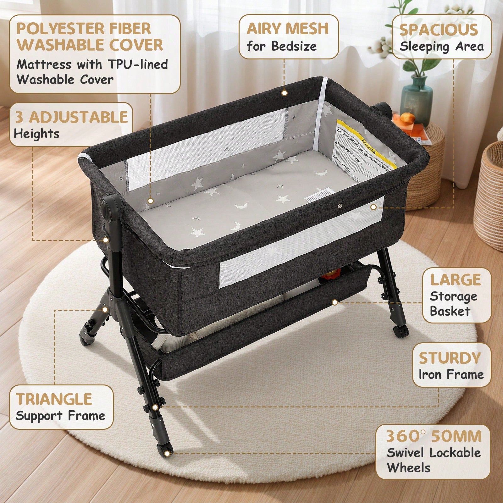 3-In-1 Baby Crib,Bedside Bassinet, Baby Bed With Storage Basket,Easy To Fold,6 Adjustable Height Portable Crib For Infant/Newborn,Baby Need,Baby Stuff