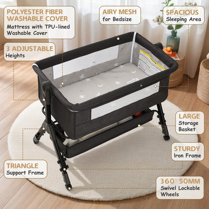 3-In-1 Baby Crib,Bedside Bassinet, Baby Bed With Storage Basket,Easy To Fold,6 Adjustable Height Portable Crib For Infant/Newborn,Baby Need,Baby Stuff
