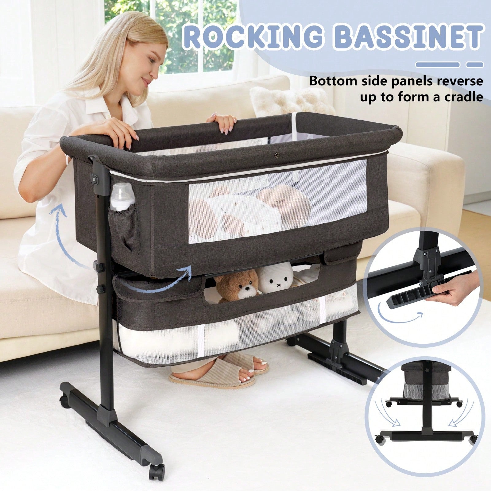 3-In-1 Baby Crib,Bedside Bassinet, Baby Bed With Storage Basket,Easy To Fold,6 Adjustable Height Portable Crib For Infant/Newborn,Baby Need,Baby Stuff