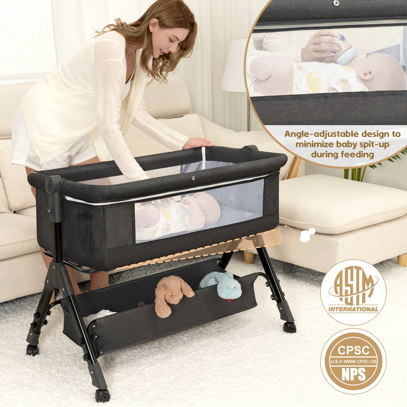 3-In-1 Baby Crib,Bedside Bassinet, Baby Bed With Storage Basket,Easy To Fold,6 Adjustable Height Portable Crib For Infant/Newborn,Baby Need,Baby Stuff