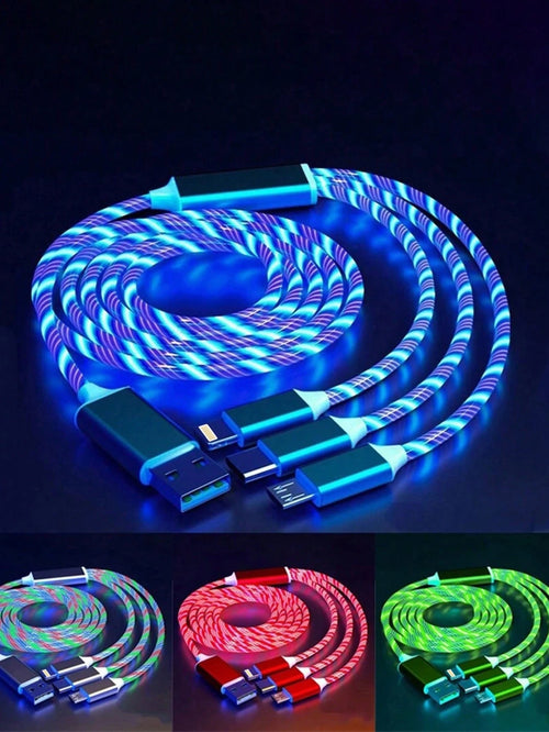 3-In-1 LED Flowing Light USB Fast Charging Cable, PVC Material, Compatible With Apple 14/13/12/11 Pro Max/XR/XS/X///Honor Phones [MFi Certified]
