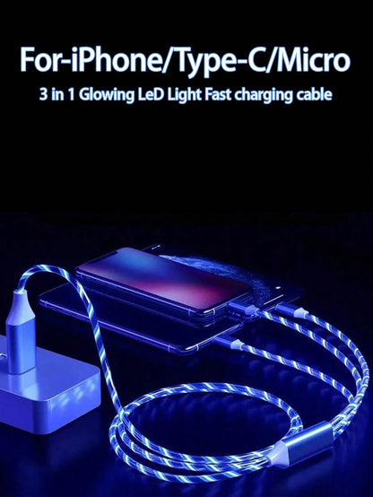 3-In-1 LED Flowing Light USB Fast Charging Cable, PVC Material, Compatible With Apple 14/13/12/11 Pro Max/XR/XS/X///Honor Phones [MFi Certified]