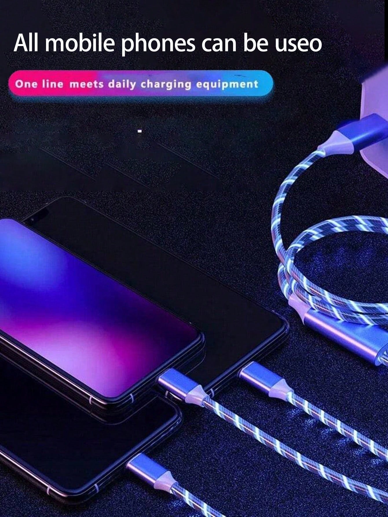 3-In-1 LED Flowing Light USB Fast Charging Cable, PVC Material, Compatible With Apple 14/13/12/11 Pro Max/XR/XS/X///Honor Phones [MFi Certified]