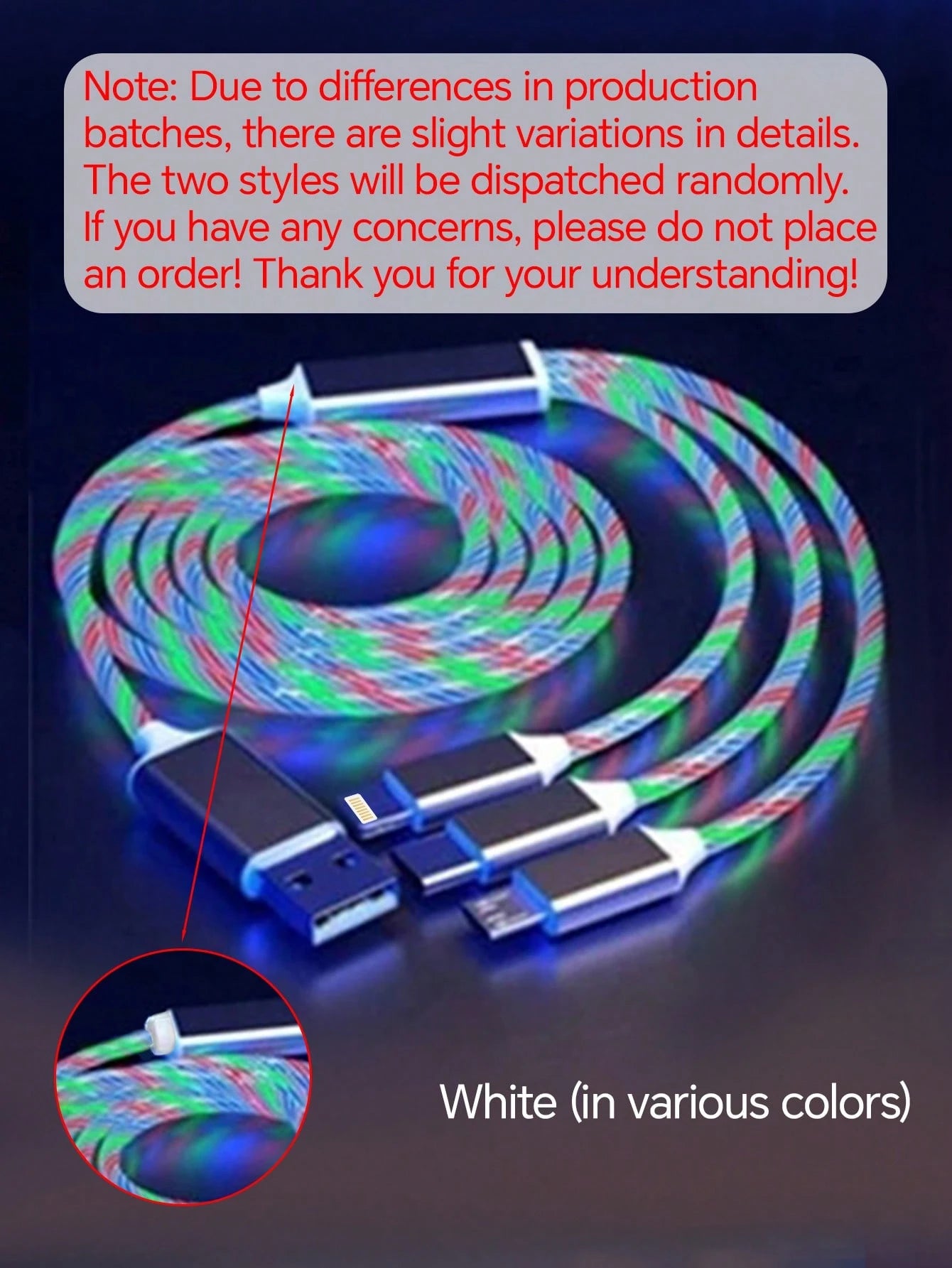 3-In-1 LED Flowing Light USB Fast Charging Cable, PVC Material, Compatible With Apple 14/13/12/11 Pro Max/XR/XS/X///Honor Phones [MFi Certified]