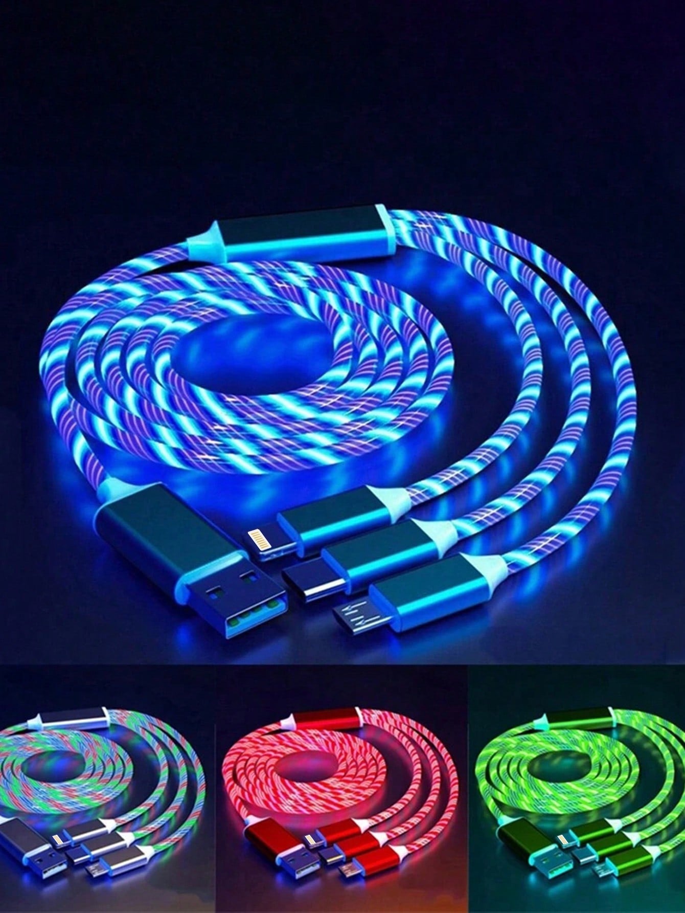 3-In-1 LED Flowing Light USB Fast Charging Cable, PVC Material, Compatible With Apple 14/13/12/11 Pro Max/XR/XS/X///Honor Phones [MFi Certified]