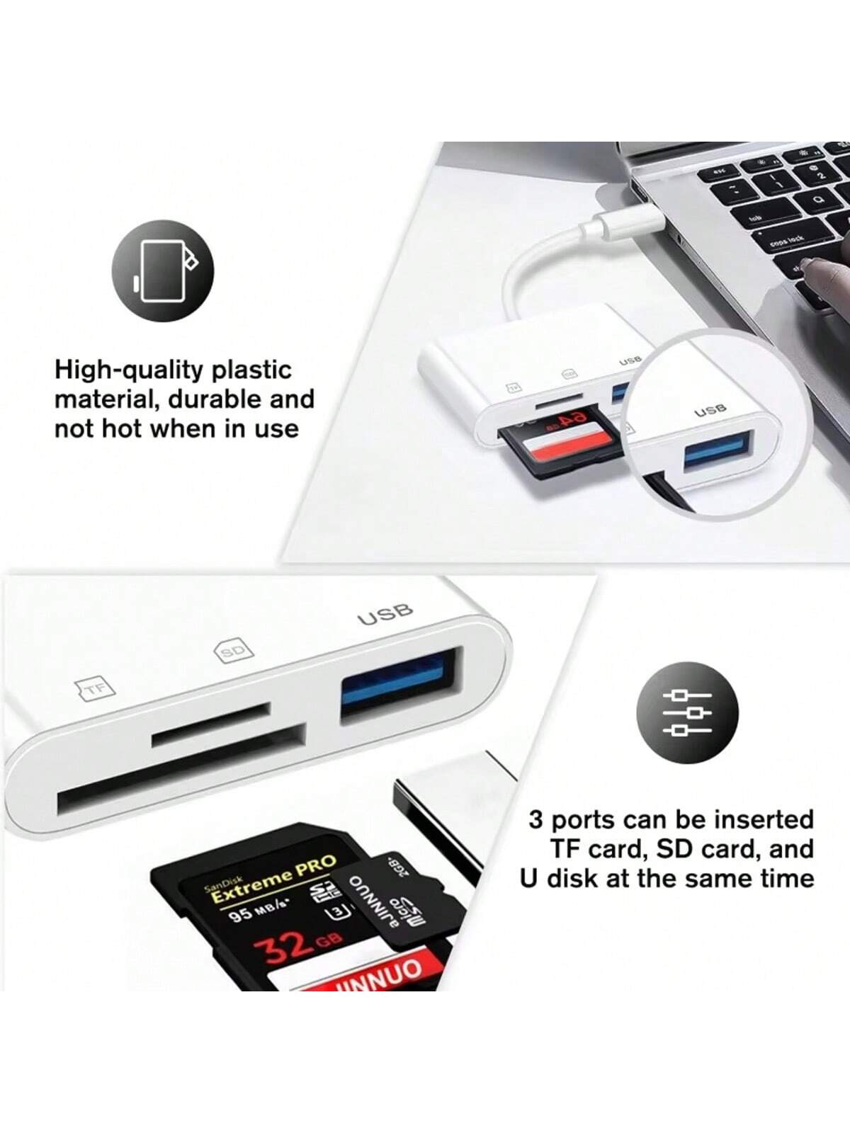3-In-1 Lightning To USB/TF/SD Card Reader, Compatible With IPhone 14/13/12/11/X/8/7 Series, IPad, Adapter For Data Transfer, Compatible With Digital Cameras