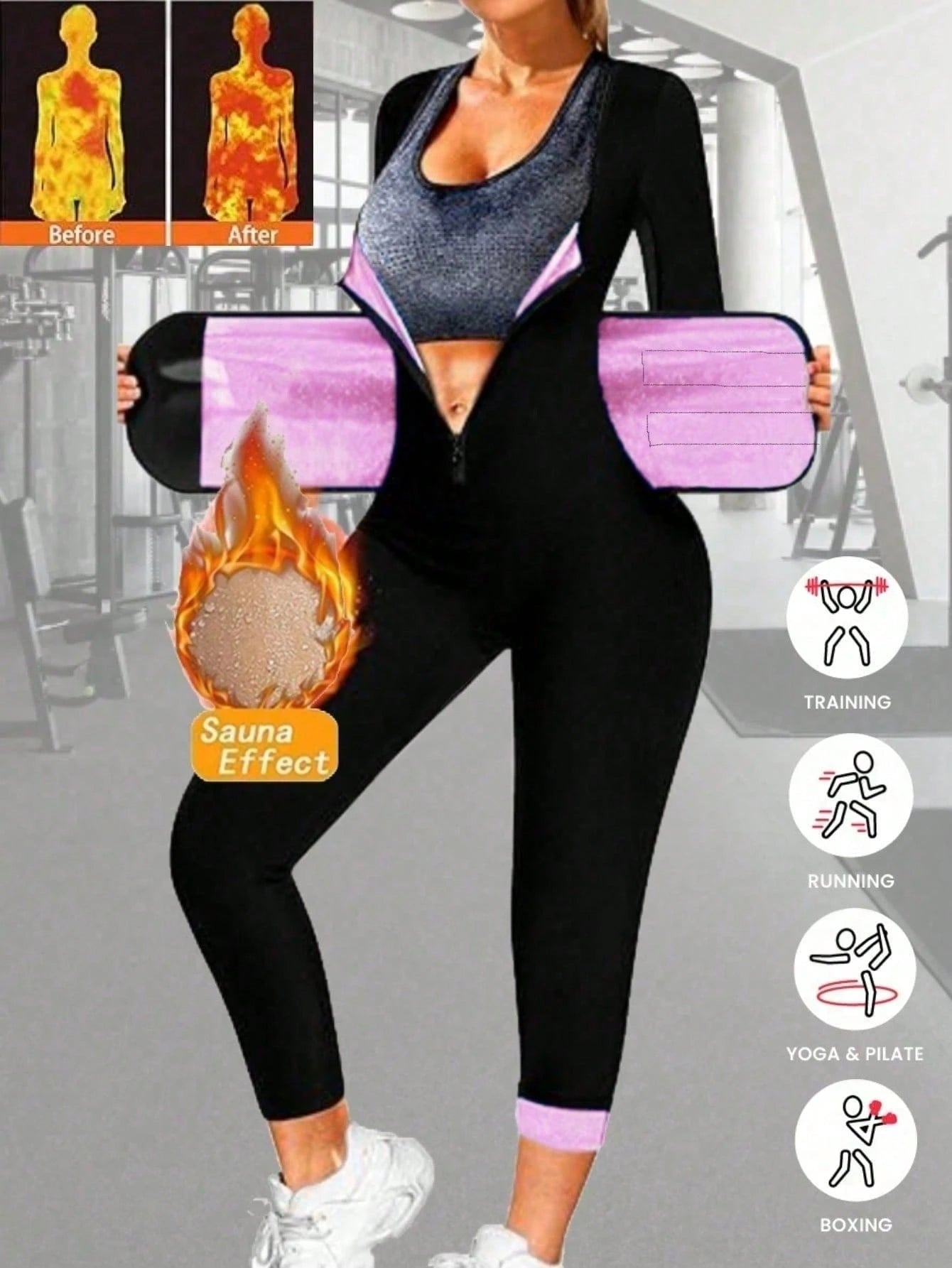 3-In-1 Women's Sauna Sweat Tight Jumpsuit, Waist Shaping Leggings, Tummy Control Full Body Long Sleeve Shapewear Jumpsuit Fitness Set Sports Pink