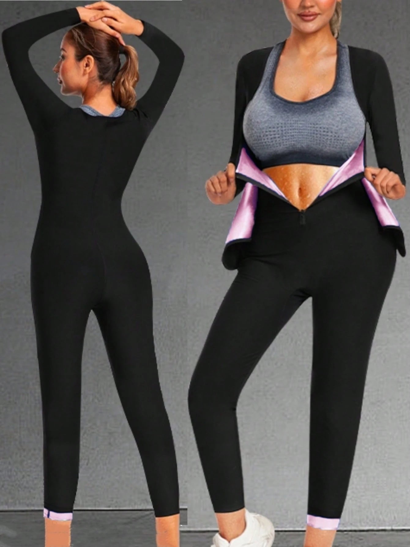 3-In-1 Women's Sauna Sweat Tight Jumpsuit, Waist Shaping Leggings, Tummy Control Full Body Long Sleeve Shapewear Jumpsuit Fitness Set Sports Pink