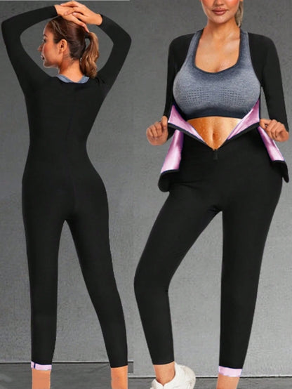 3-In-1 Women's Sauna Sweat Tight Jumpsuit, Waist Shaping Leggings, Tummy Control Full Body Long Sleeve Shapewear Jumpsuit Fitness Set Sports Pink