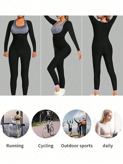 3-In-1 Women's Sauna Sweat Tight Jumpsuit, Waist Shaping Leggings, Tummy Control Full Body Long Sleeve Shapewear Jumpsuit Fitness Set Sports Pink