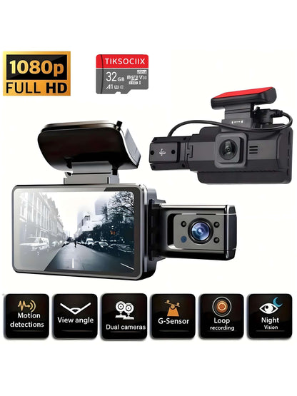 3-Inch Dual Lens Dash Cam For Vehicles, 32G Memory Card, Front And Rear Dual Channel Video Recording, Supports Loop Recording, Night Vision, Wide Angle, Car Video Recorder, Automotive Black Box