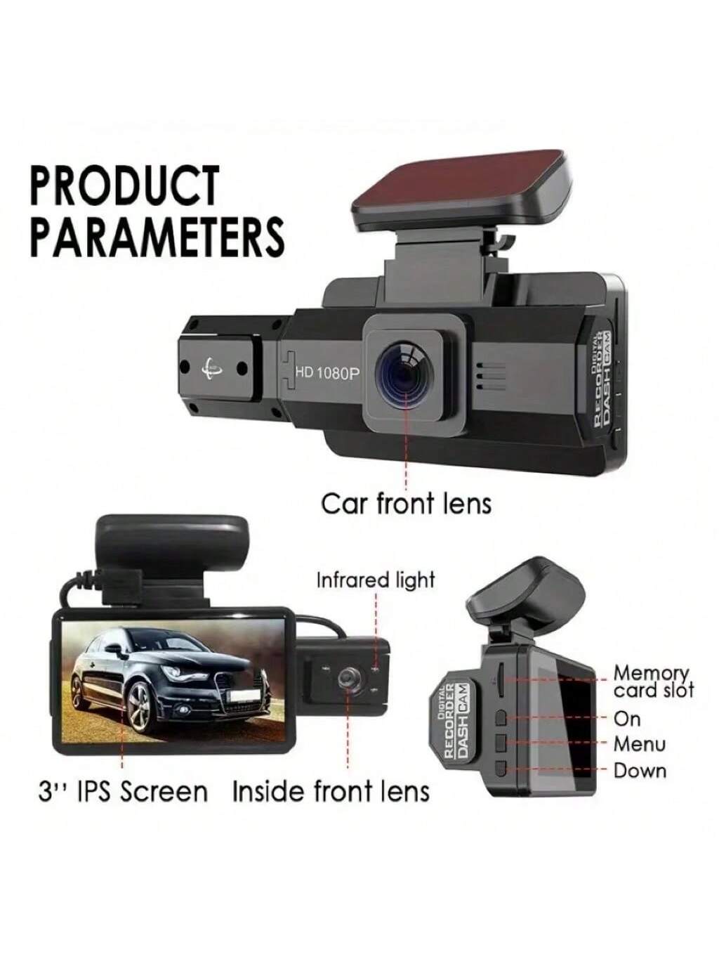 3-Inch Dual Lens Dash Cam For Vehicles, 32G Memory Card, Front And Rear Dual Channel Video Recording, Supports Loop Recording, Night Vision, Wide Angle, Car Video Recorder, Automotive Black Box